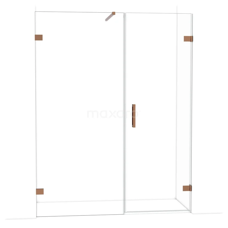 Diamond Shower door | 155 cm Shiny copper Clear glass Pivot door DDC220709120GKP Glazen douchewand met hoekdeuren, transparant ontwerp, rosegoud metalen accenten, geschikt voor moderne badkamers.