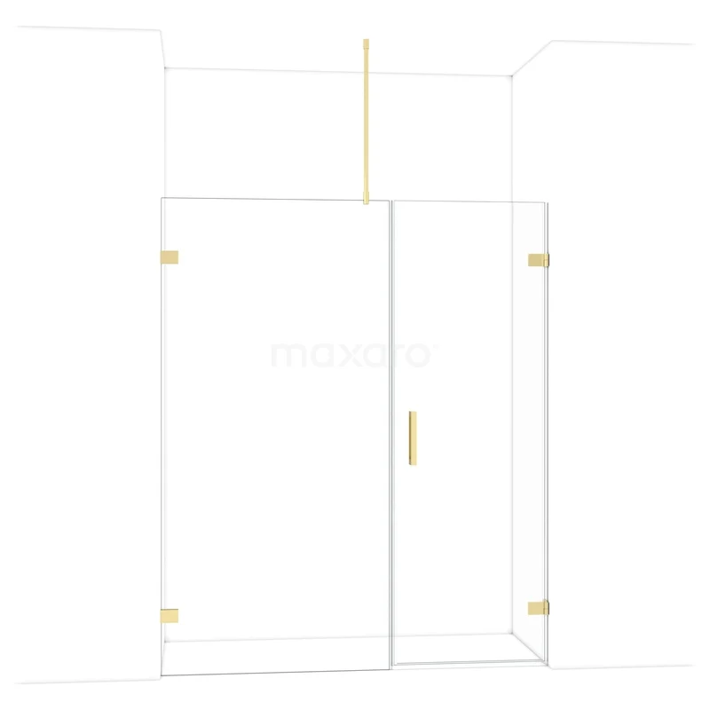 Glazen douchewand met gouden details, hoekmodel, strak design, ideaal voor moderne badkamers.