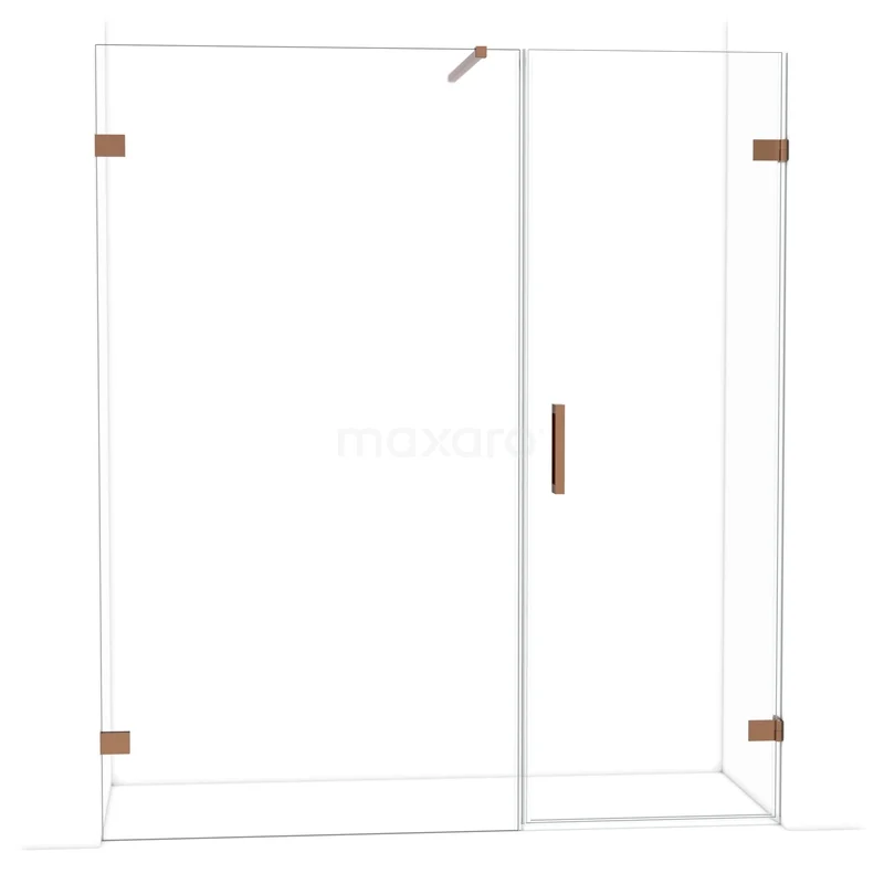 Glazen douchewand met koperen accenten, modern design, ideaal voor een stijlvolle badkamerinrichting.