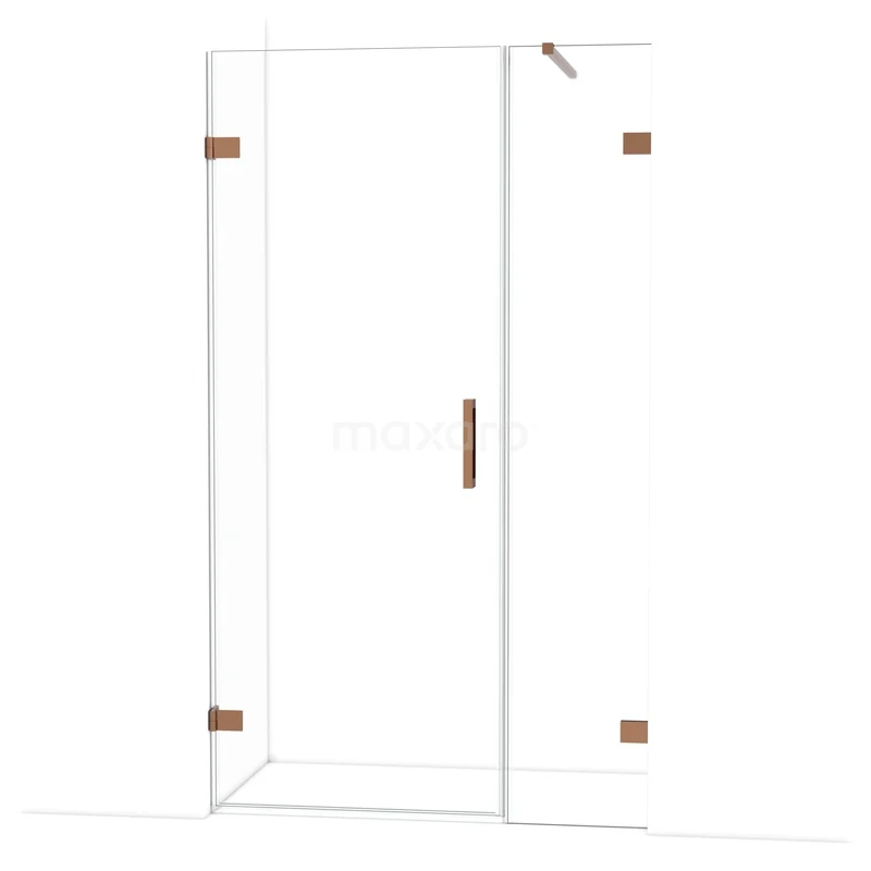 Glazen hoekdouche met heldere panelen en koperkleurige accenten, ideaal voor een moderne badkamerstijl.