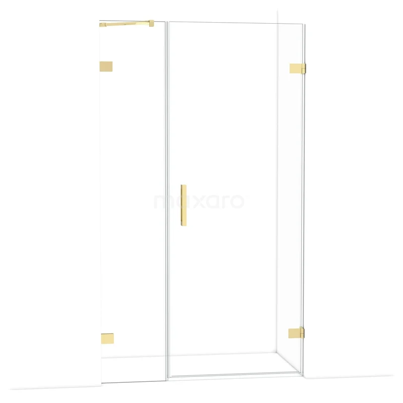 Douchecabine glas met goudkleurige accenten, hoekmodel, strak design, ideaal voor een moderne badkamer.
