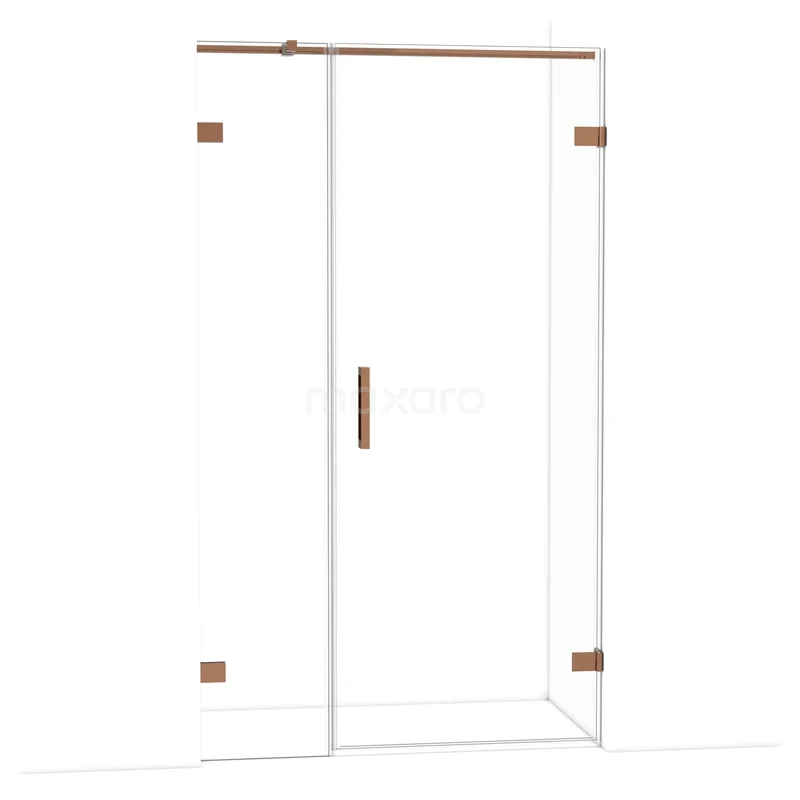 Glazen douchedeur met schuifmechanisme, rosegouden accenten, modern design; ideaal voor een stijlvolle badkamerrenovatie.