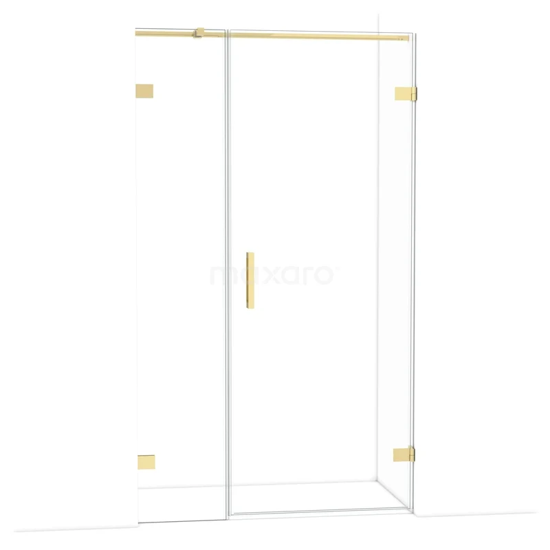 Glazen douchedeur met gouden accenten, strak design en schuifsysteem voor een luxe en moderne badkamer.