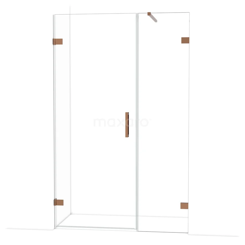 Douchedeur van helder glas met stijlvolle bronzen scharnieren, ideaal voor een moderne badkamer.