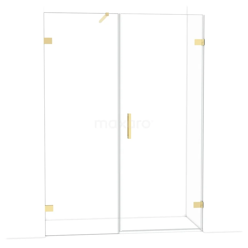 Glazen douchewand met gouden accenten, frameloos design, ideaal voor een moderne badkamer.