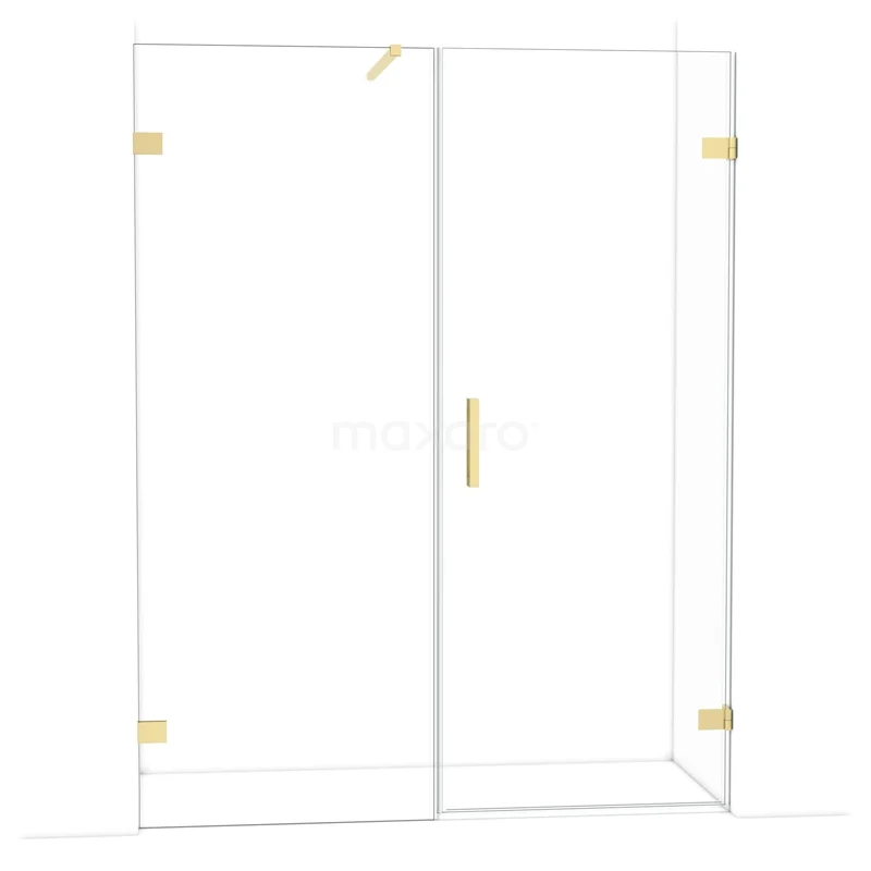 Glazen douchewand met messing details, inclusief scharnieren en handgreep, ideaal voor een stijlvolle badkamerinrichting.