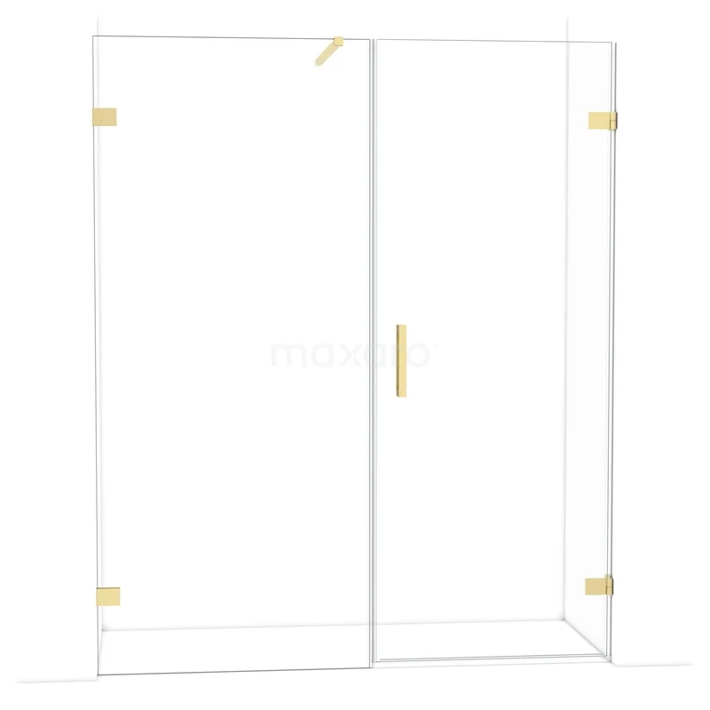 Glazen douchewand met goudkleurige scharnieren, strak design en schuifdeur, ideaal voor een moderne badkamerinrichting.