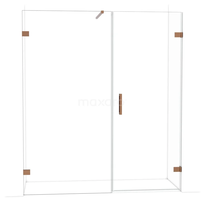 Glazen douchewand met bronskleurige scharnieren en handgreep, minimalistisch design, perfect voor een moderne badkamer.