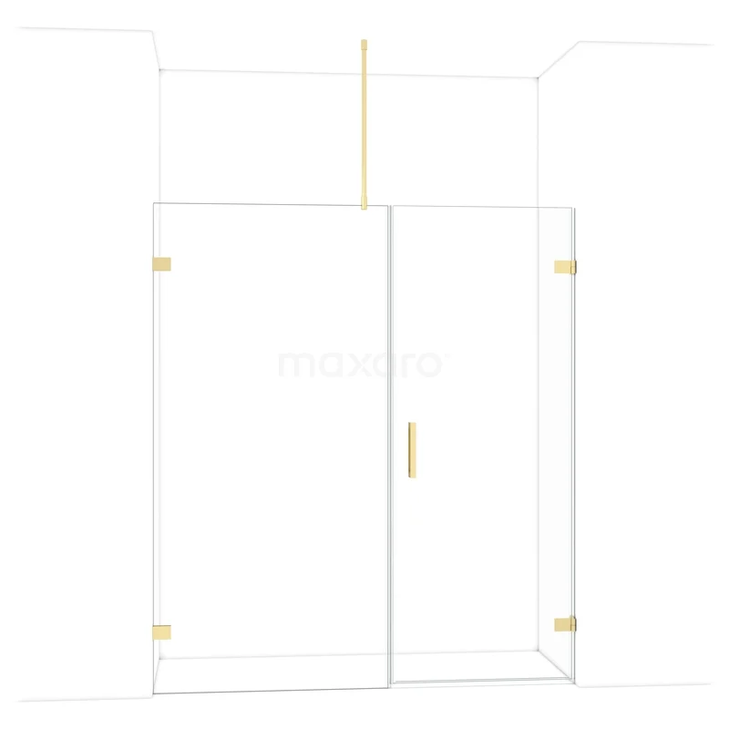 Glazen douchewand met gouden details, strak design, geschikt voor moderne badkamers.