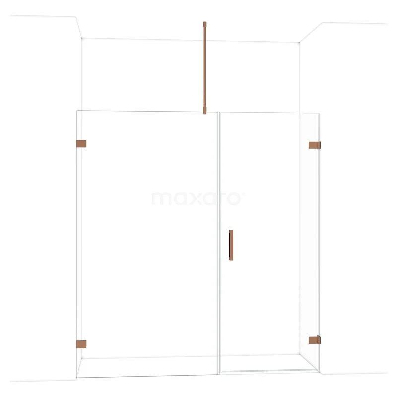 Glazen douchewand met koperkleurige accenten, modern ontwerp, ideaal voor een stijlvolle badkamerinrichting.