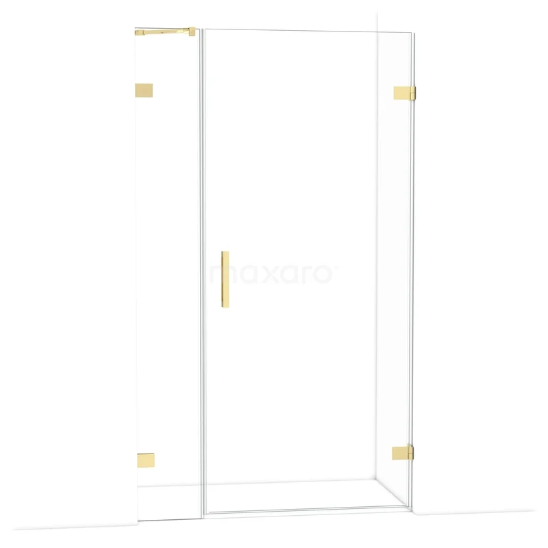 Glazen douchedeur met gouden scharnieren en handgreep, modern design, perfecte toevoeging aan een stijlvolle badkamer.