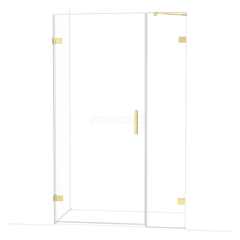 Glazen douchedeur met goudkleurige scharnieren en handgreep, moderne badkameroplossing in helder glas en metallic details.