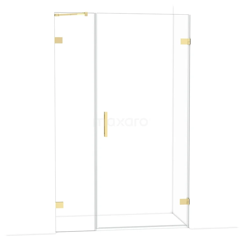 Glazen douchedeur met goudkleurige scharnieren en handgreep, moderne badkameroplossing in helder glas en metallic details.