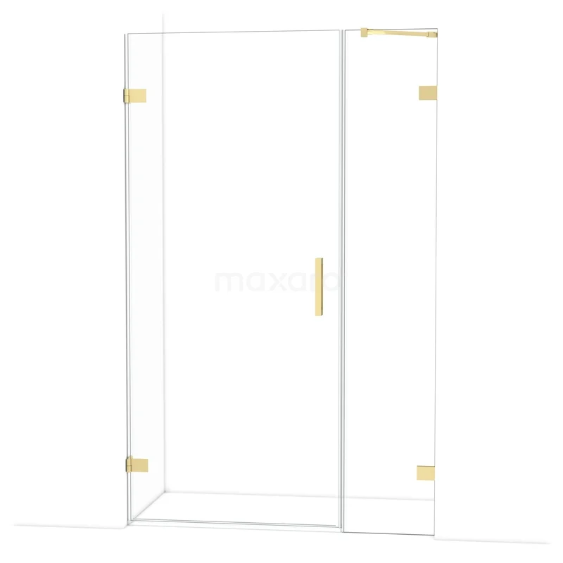 Glazen douchecabine met goudkleurige details, hoekinstap, strakke lijnen en ideaal voor een moderne badkamerinrichting.