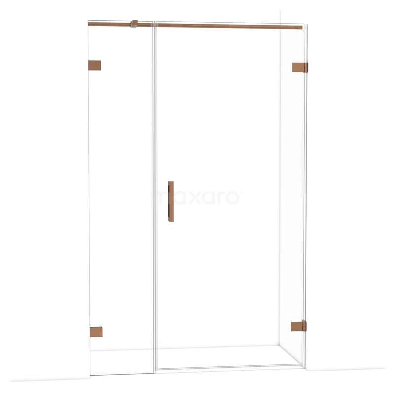 Glazen douchedeur met koperkleurige accenten, schuifmechanisme en minimalistisch design voor een moderne badkamer.