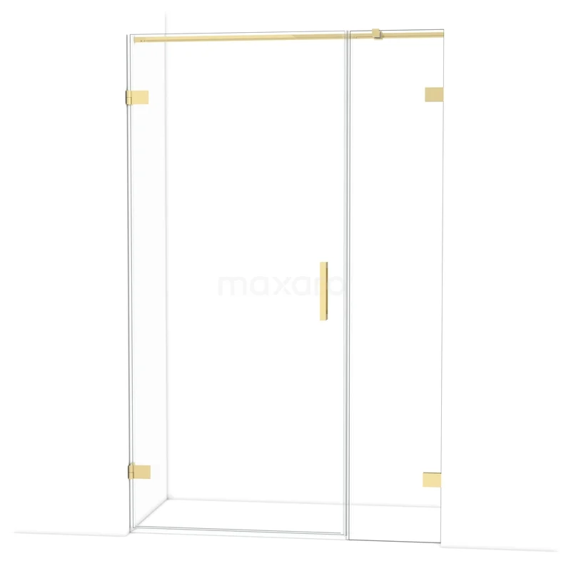 Glazen douchedeur met goudkleurige scharnieren en handgreep, modern design voor een stijlvolle badkamerinrichting.