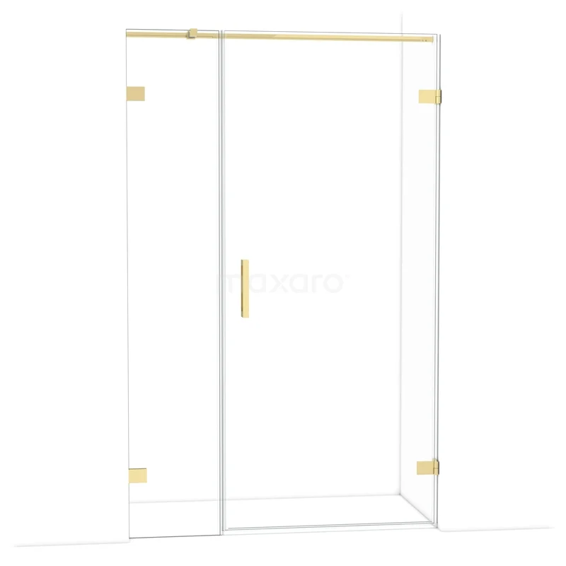 Glazen douchedeur met goudkleurige scharnieren en handgreep, modern design voor een stijlvolle badkamerinrichting.