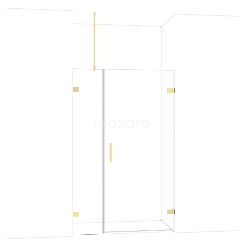 Glazen douchedeur met goudkleurige scharnieren en handgreep, modern ontwerp, ideaal voor een stijlvolle badkamer.