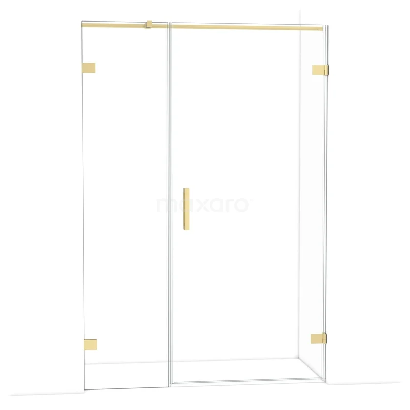 Douchedeur met goudkleurige details, heldere glazen panelen, geschikt voor moderne badkamers, luxe uitstraling.