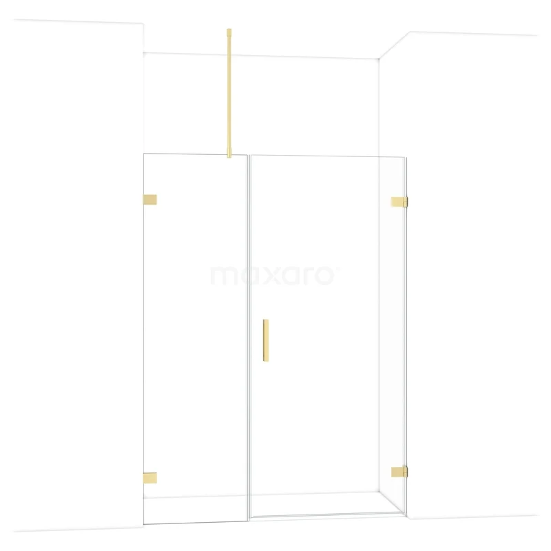 Glazen douchecabine met gouden accenten, moderne stijl, ideaal voor een luxe badkamer.