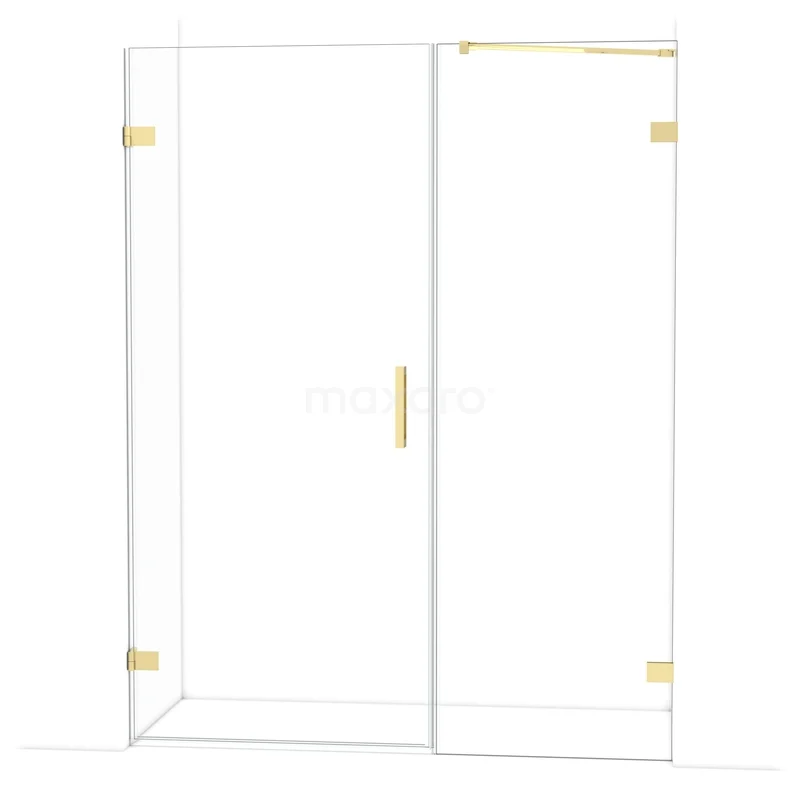 Glazen douchewand met goudkleurige scharnieren en handgreep, strak design, perfect voor een moderne badkamer.