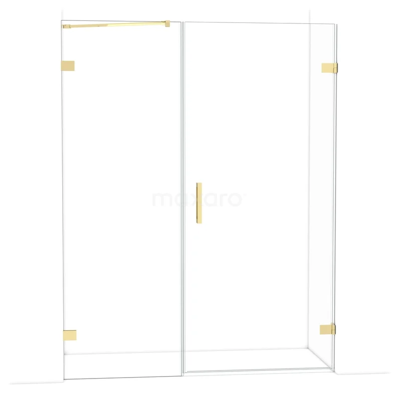 Glazen douchewand met goudkleurige scharnieren en handgreep, strak design, perfect voor een moderne badkamer.