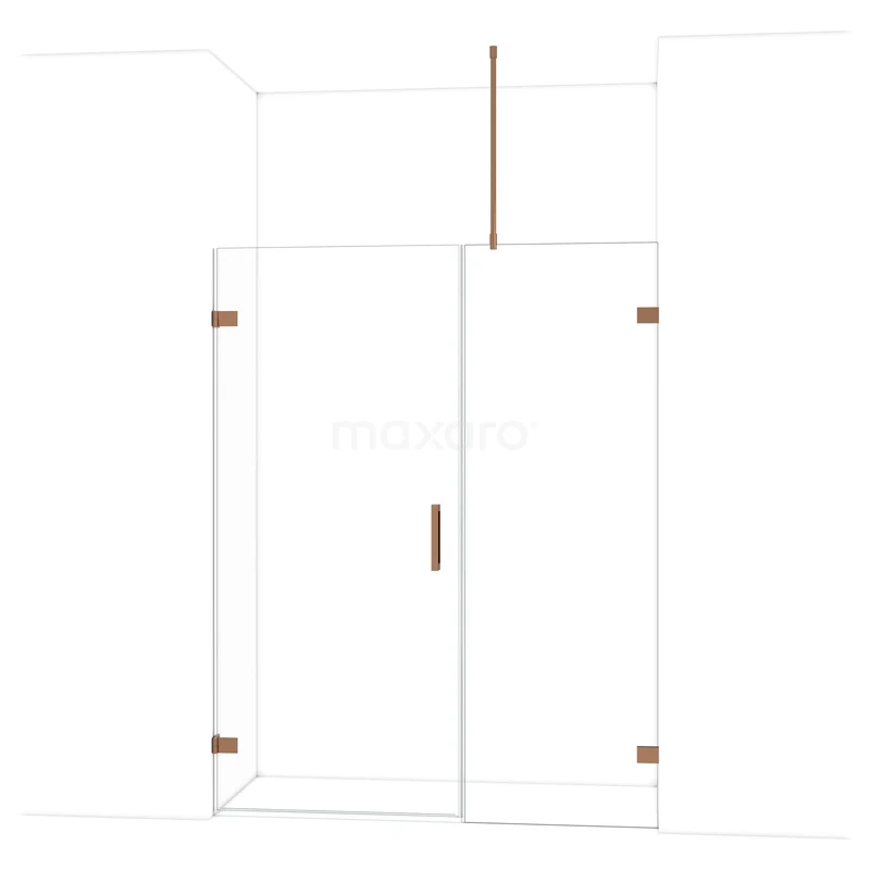 Douchewandset met glazen deuren en messing accenten, modern design, perfect voor luxe badkamerinrichting.