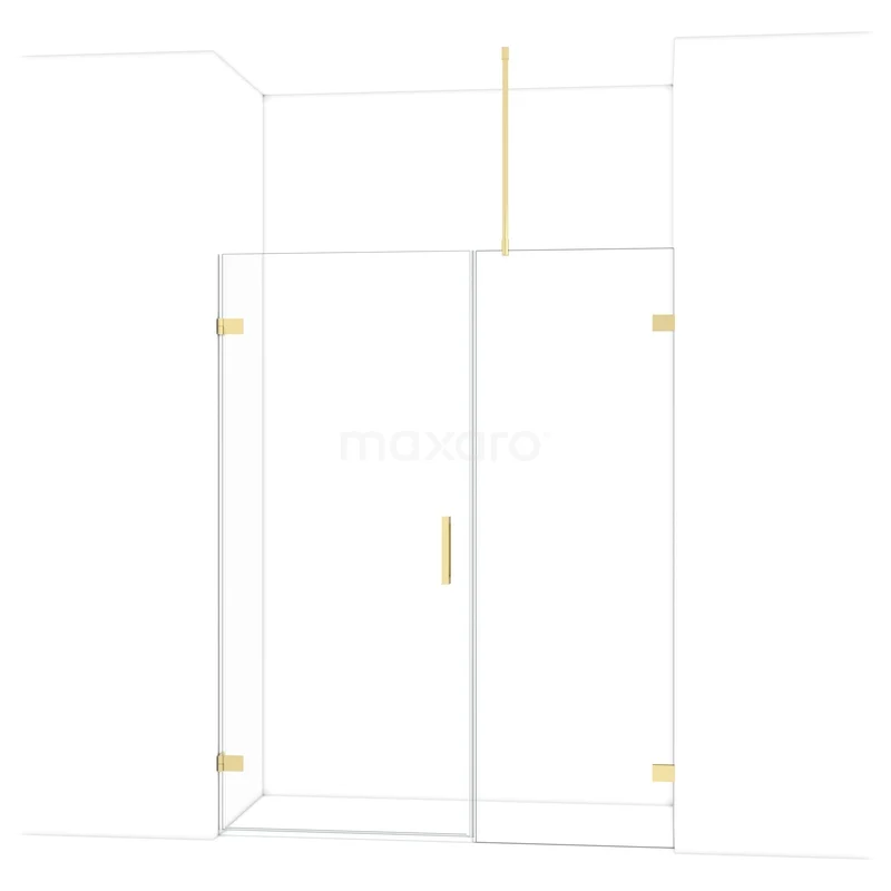 Douchecabine met gouden accenten, helder glas en minimalistisch ontwerp, perfect voor een moderne badkamer.