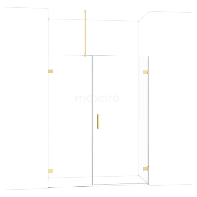 Douchecabine met gouden accenten, helder glas en minimalistisch ontwerp, perfect voor een moderne badkamer.