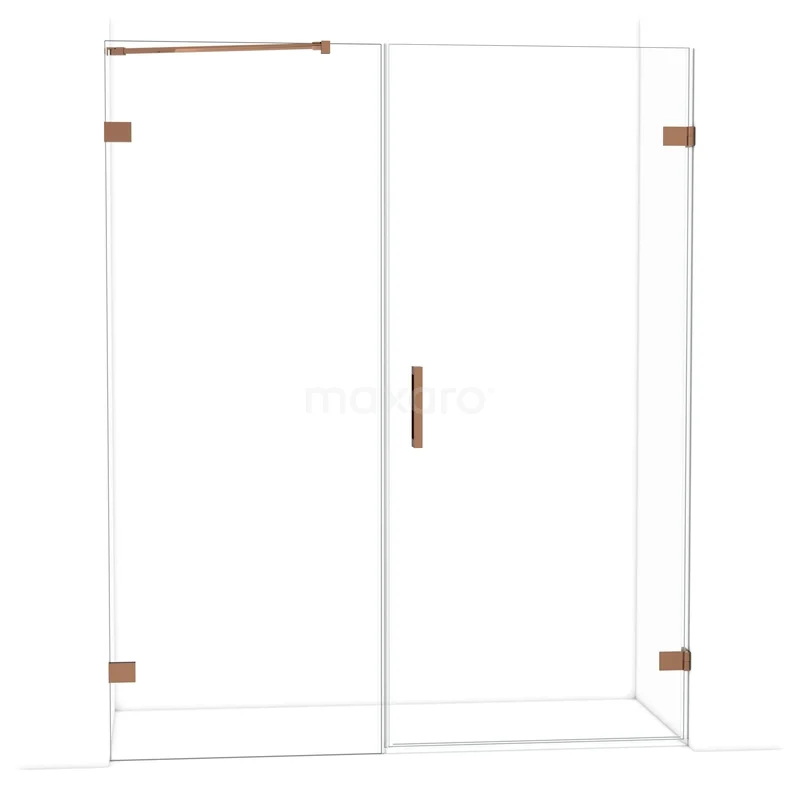 Diamond Shower door | 165 cm Shiny copper Clear glass Pivot door DDC220908220GKP Glass shower wall with bronze accents, corner model, minimalist design for a modern bathroom.