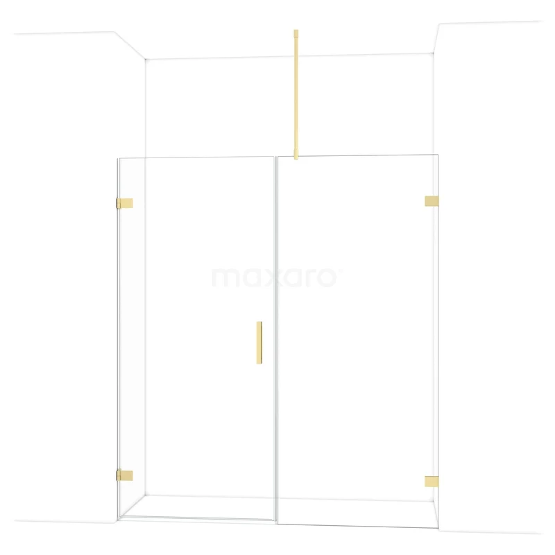 Douchecabine met glazen wanden, gouden accenten en draaideur, ideaal voor een moderne badkamerstijl.