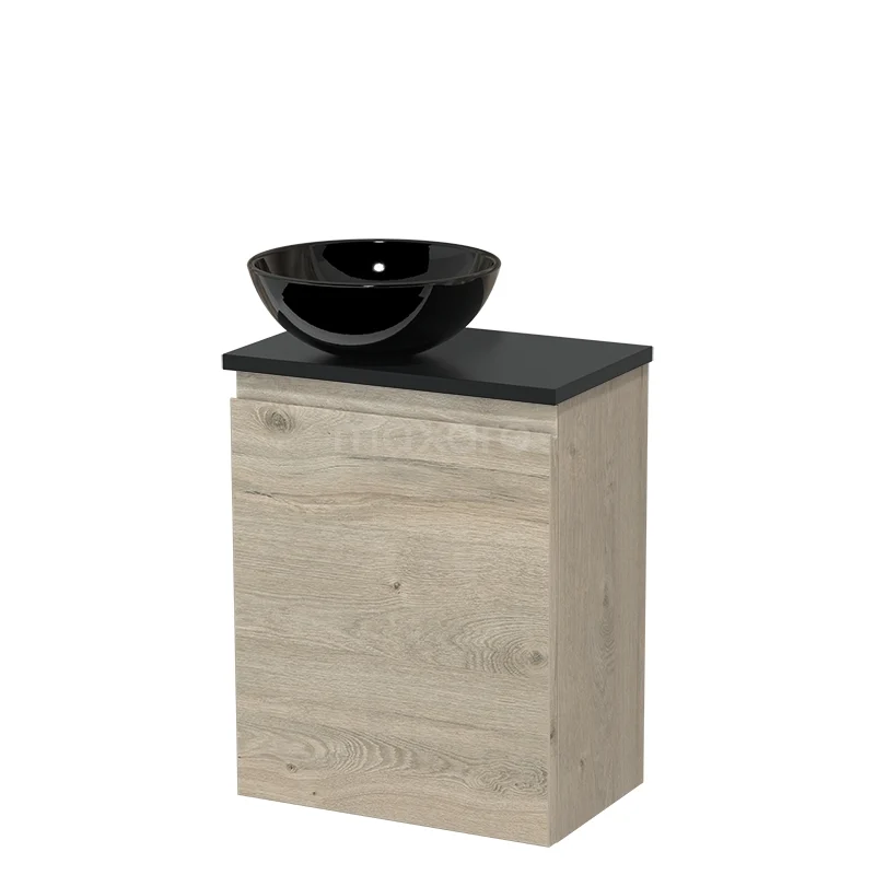 WC-Möbel mit Aufsatzwaschbecken TMK10-16239 Holz Badmöbel mit Schwarz Aufsatzwaschbecken, kompaktes Design, natürliche Eiche Optik, ideal für moderne Badezimmer Einrichtungsstile.