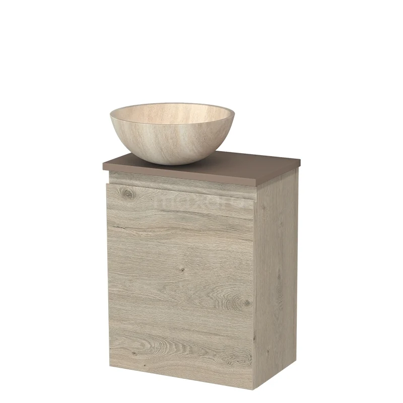 Toilet furniture with countertop wash basins TMK10-16272 Wooden bathroom furniture in oak look with a countertop basin made of light natural stone, perfect for a modern bathroom style.