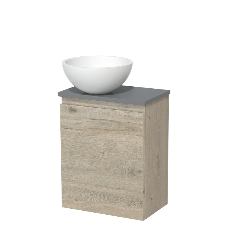 Toilet furniture with countertop wash basins TMK10-16295 Houten badkamerkast met keramische waskom, compacte wastafelmeubel in eikenlook met grijs bovenblad.