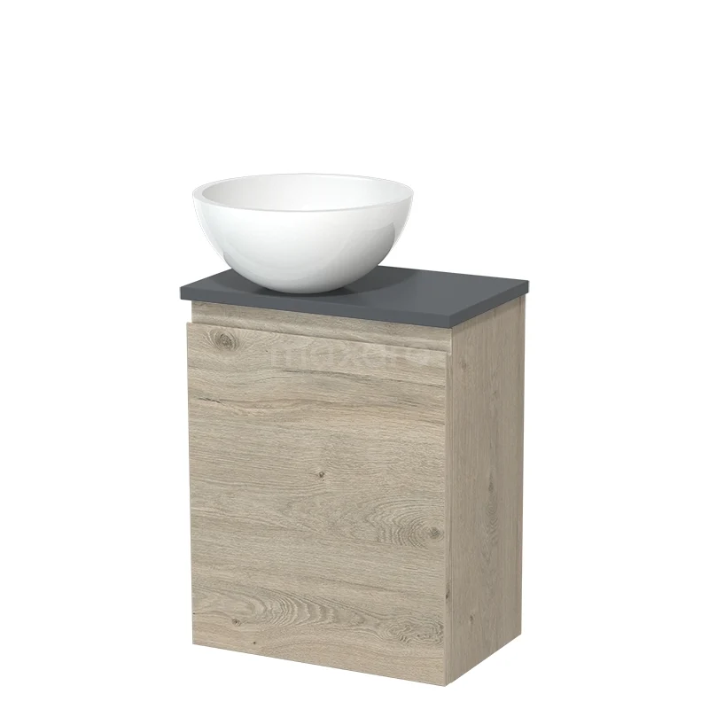 Toiletmeubel met waskom TMK10-16372 Badkamermeubel eikenhout met zwarte top en witte waskom, modern design, ideaal voor een stijlvolle badkamerindeling.
