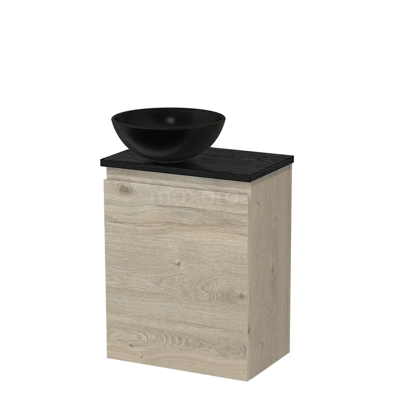 WC-Möbel mit Aufsatzwaschbecken TMK10-16422 Holz-Badmöbel mit heller Holzoptik, schwarzem Aufsatzwaschbecken und schlichter schwarzer Platte, ideal für eine moderne Badezimmergestaltung.