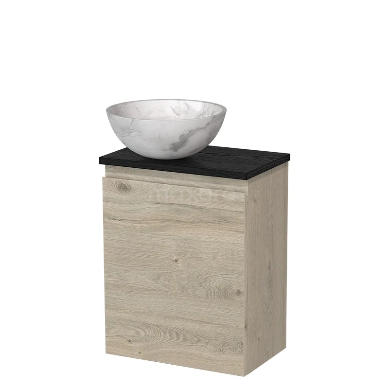 Toilet furniture with countertop wash basins TMK10-16427 Houten badkamermeubel in naturel eikenlook met zwart blad, inclusief witte marmeren waskom, modern en compact ontwerp.
