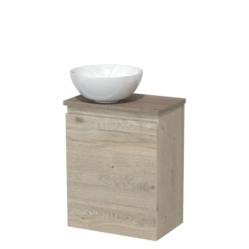 Toiletmeubel met waskom TMK10-16446 Houten badkamermeubel met beige eikenhoutlook en wit keramische waskom, ideaal voor een stijlvolle en compacte badkamer.