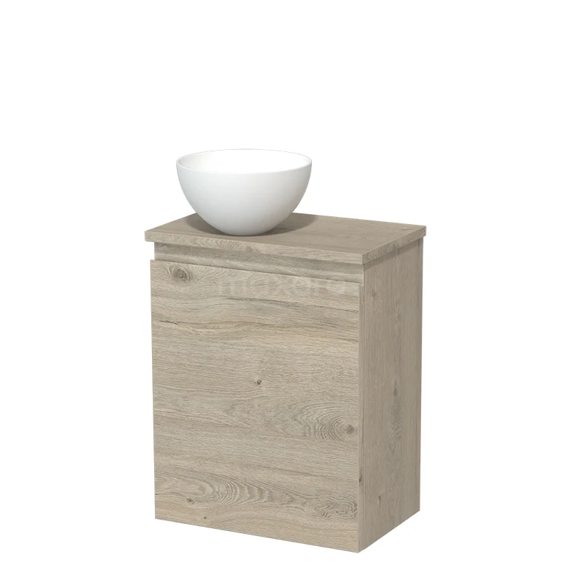 Modulo Pico Toiletmeubel met waskom | 41 cm Lichtgrijs eiken Greeploos front Solid surface waskom TMK10-16465 Houten badkamermeubel in eikenlook met witte komvormige wasbak, compact ontwerp geschikt voor een moderne badkamer.