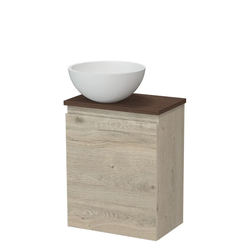 Toiletmeubel met waskom TMK10-16581 Badkamermeubel met houten kast, donkerbruine wastafelblad en witte waskom, compact ontwerp voor moderne badkamers.