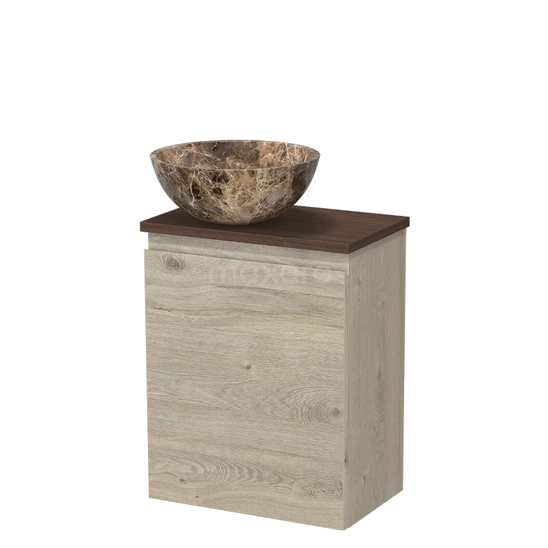 Houten badkamermeubel met natuurstenen waskom, compact design, ideale keuze voor een stijlvolle badkamerinrichting.