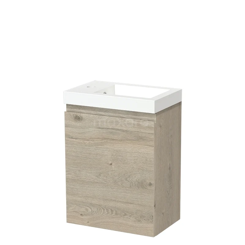 Toiletmeubel met wastafel TMW10-00787 Compact badkamermeubel licht eikenhout met geïntegreerde witte wastafel, ideaal voor kleine badkamers.