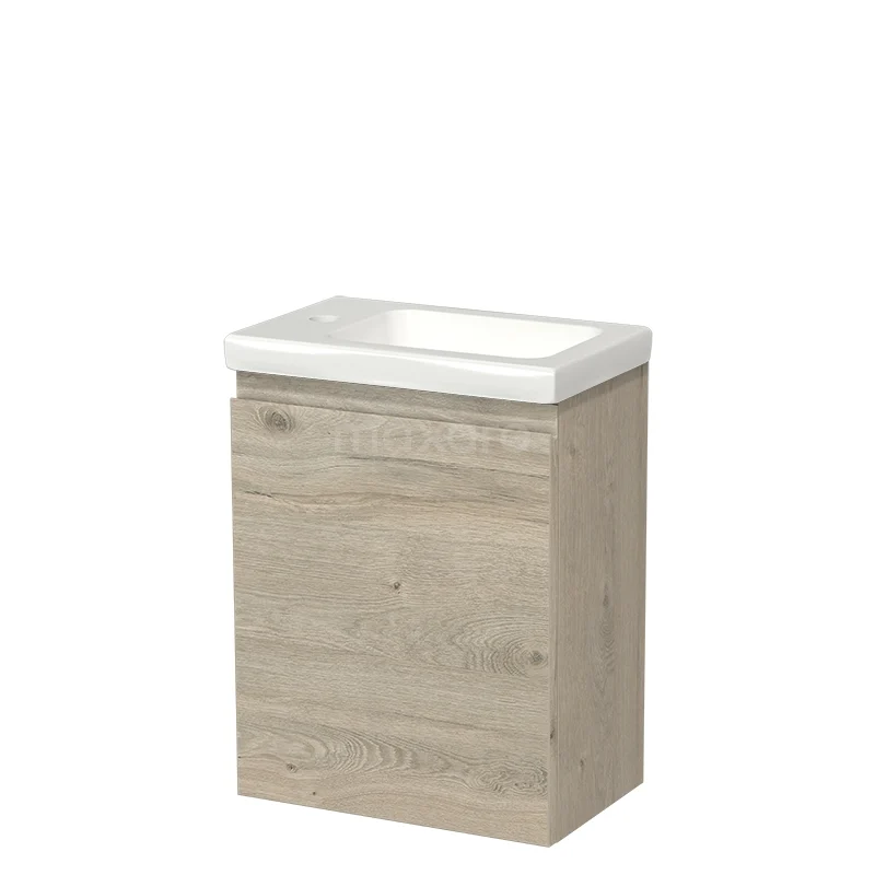 Toiletmeubel met wastafel TMW10-00791 Compact houten badkamermeubel met wastafel, licht eiken finish, ideaal voor kleine badkamers of toiletruimtes.