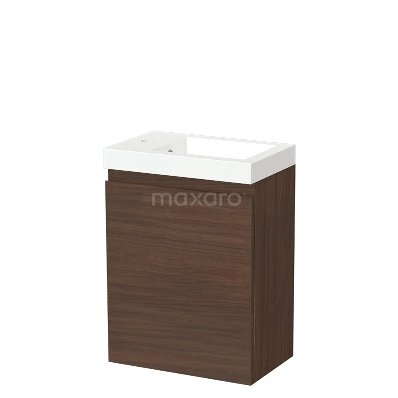 Compacte badkamermeubelset met witte wastafel en kast in donker houtdesign, ideaal voor moderne badkamerinrichting.