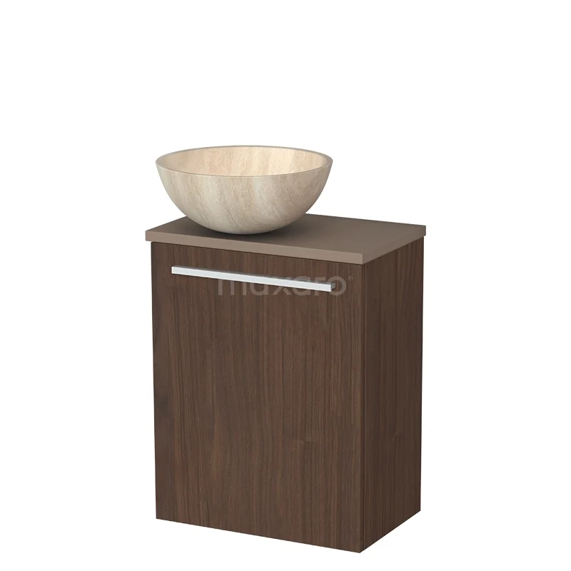 Toiletmeubel met waskom TMK10-16727 Houten badkamerkast met lade en natuurstenen waskom, compact design in walnoothout-look, ideaal voor kleine badkamers.