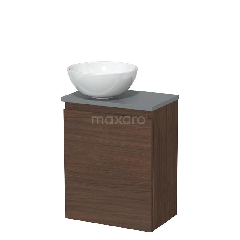Modulo Pico Toiletmeubel met waskom | 41 cm Walnoot Greeploos front Keramiek waskom TMK10-16771 Houten badkamermeubel met waskom, donkerbruin kastje en grijze blad, ideaal voor stijlvolle en moderne badkamerinrichting.