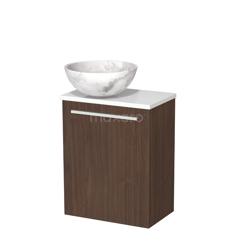 Modulo Pico Toiletmeubel met waskom | 41 cm Walnoot Vlak front Natuursteen waskom TMK10-16804 Houten badkamerkast met marmeren waskom, modern design en witte bovenplaat, ideaal voor stijlvolle badkamerinrichtingen.