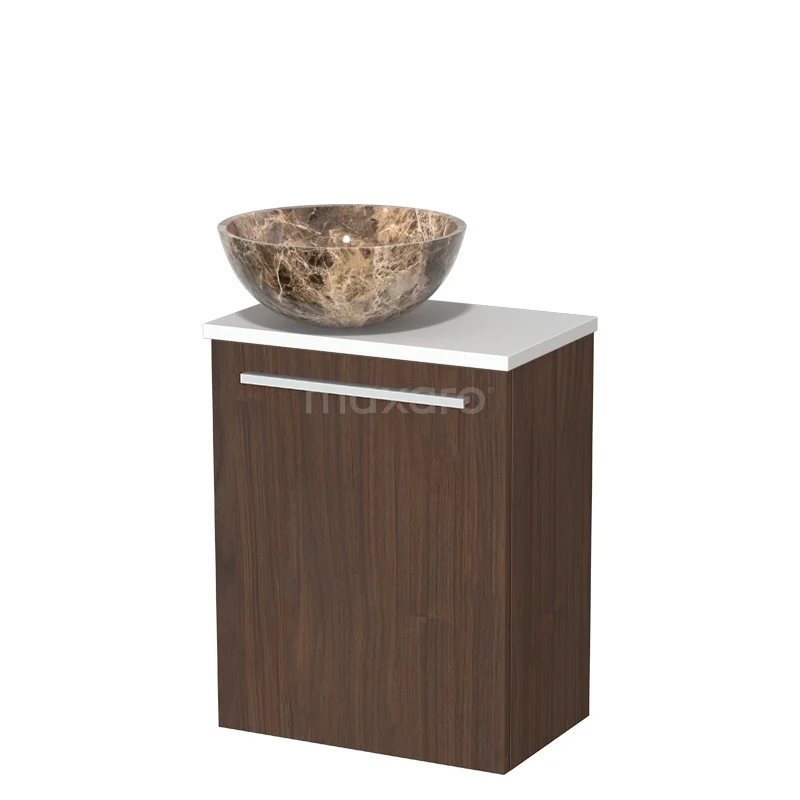 Toilet furniture with countertop wash basins TMK10-16845 Houten badkamerkast met wit blad en natuursteen wastafel, moderne stijl, ideaal voor compacte badkamers.