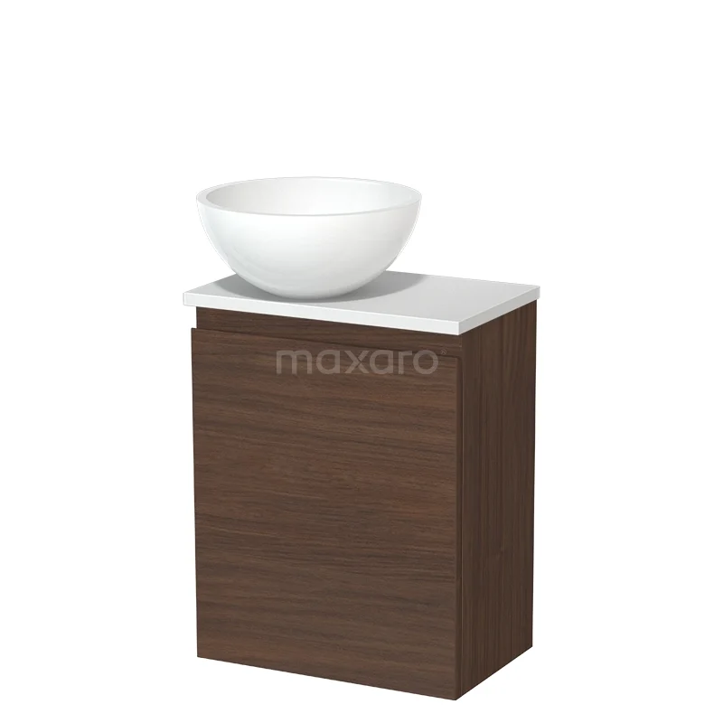 Modulo Pico Toiletmeubel met waskom | 41 cm Walnoot Greeploos front Mineraalmarmer waskom TMK10-16866 Wastafelmeubel hout fineer donkerbruin met witte komvormige wasbak, modern design voor de badkamer.