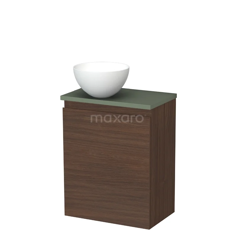 Modulo Pico Toiletmeubel met waskom | 41 cm Walnoot Greeploos front Solid surface waskom TMK10-16946 Houten badkamermeubel met groene wastafelblad en witte waskom, compact design voor moderne badkamerinrichting.